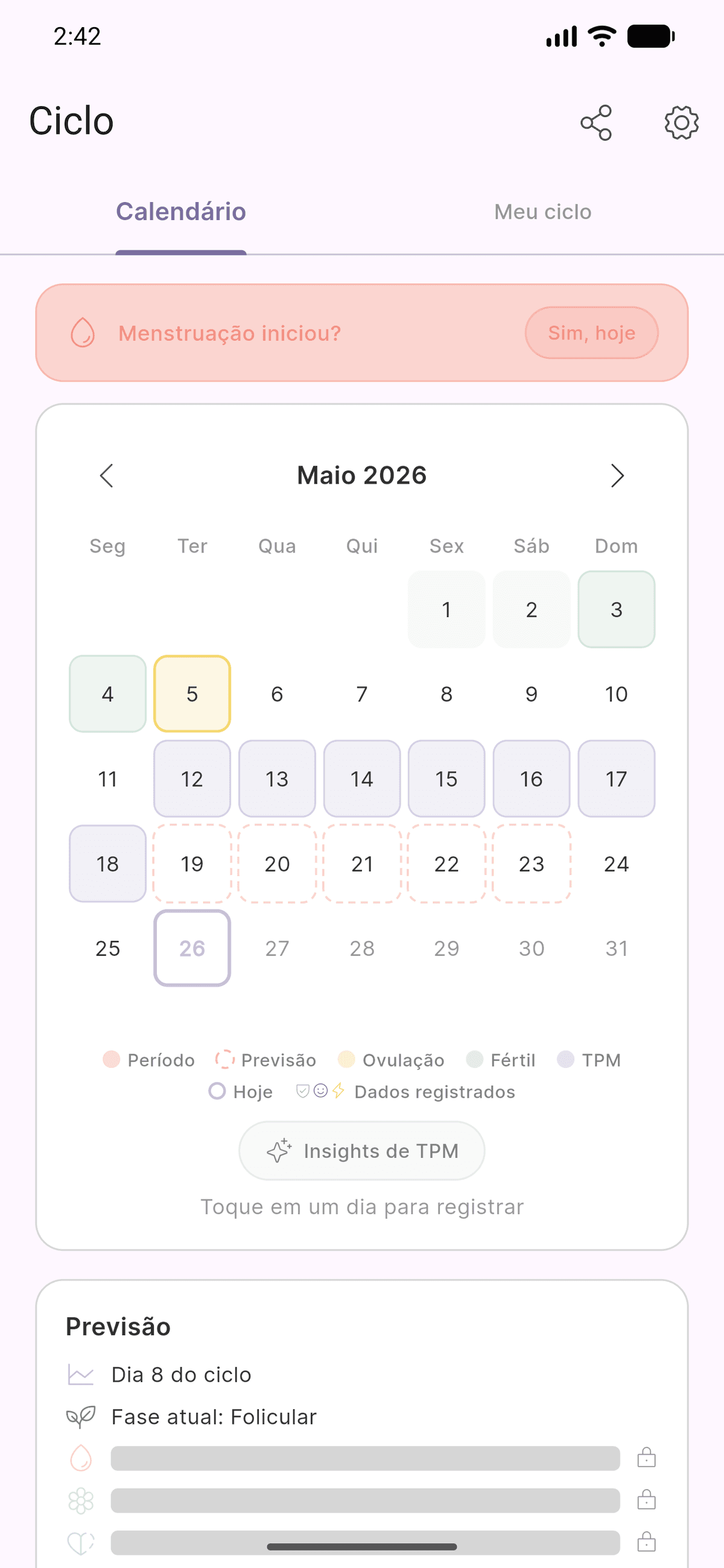 Tela Ciclo do Levvi com calendário e fases do ciclo menstrual