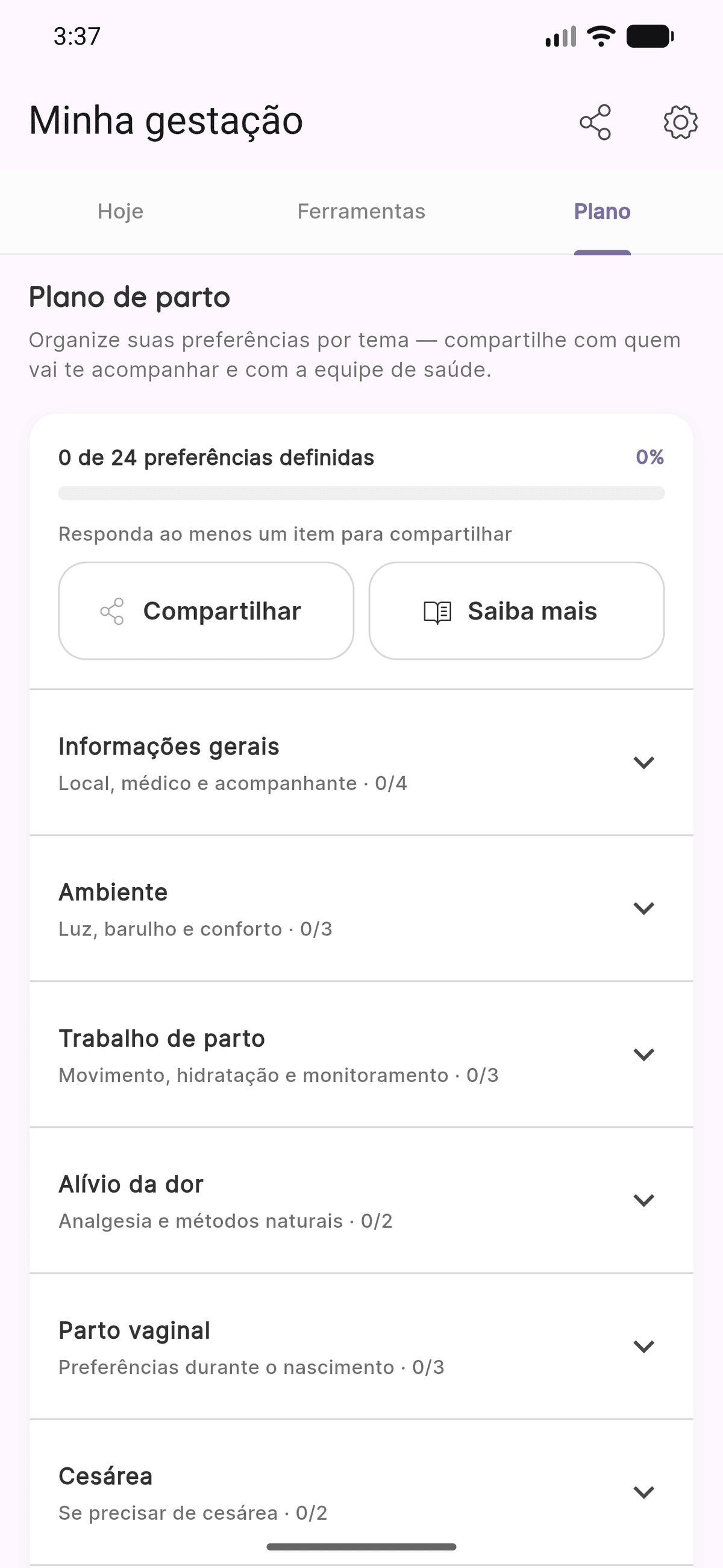 Plano de parto no Levvi com seções e progresso