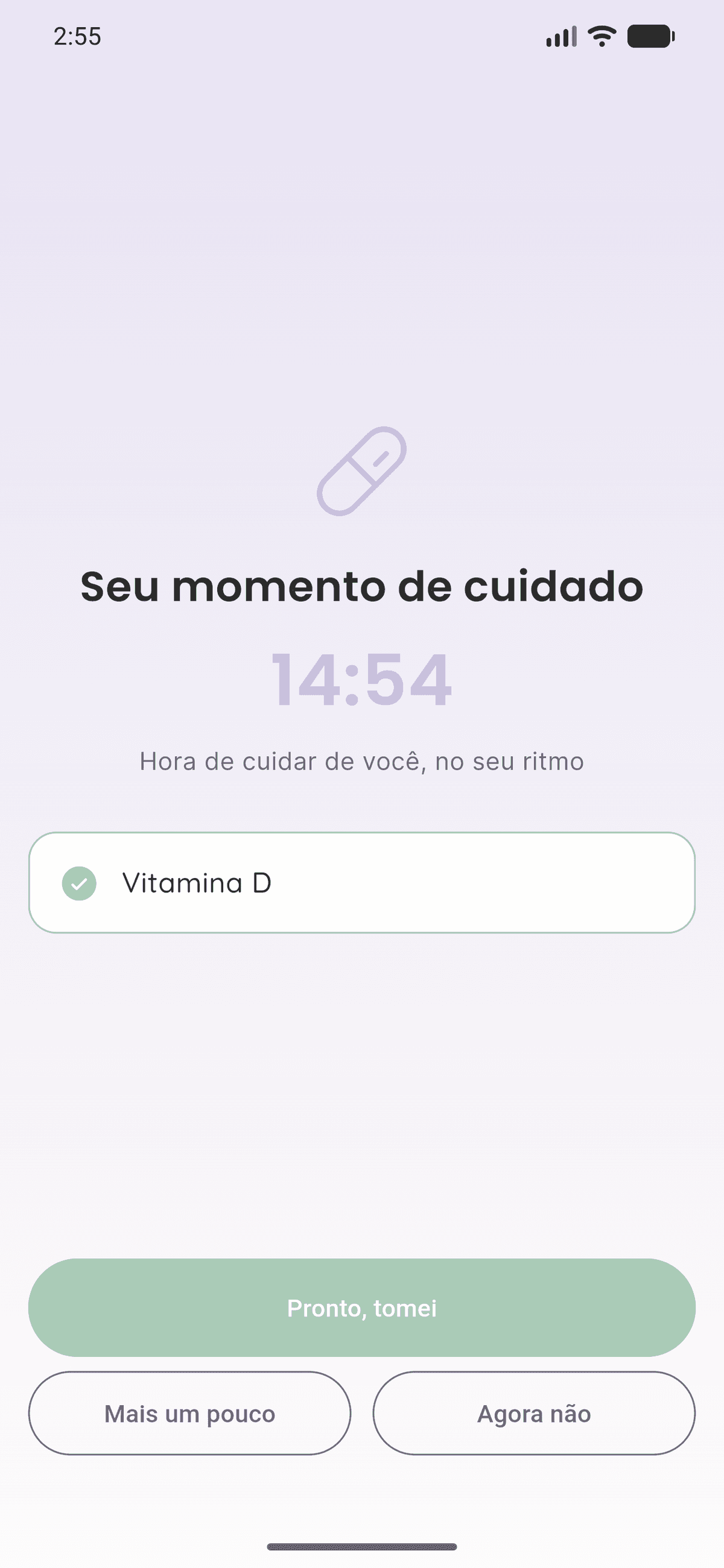 Tela de alarme de medicamento do Levvi com opção de adiar
