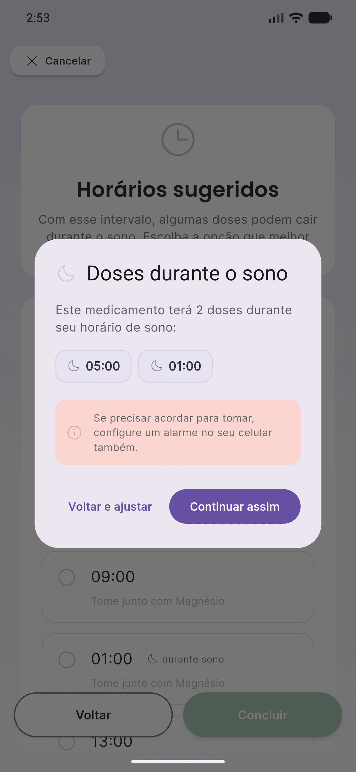 Aviso sobre doses de medicamento durante o horário de sono