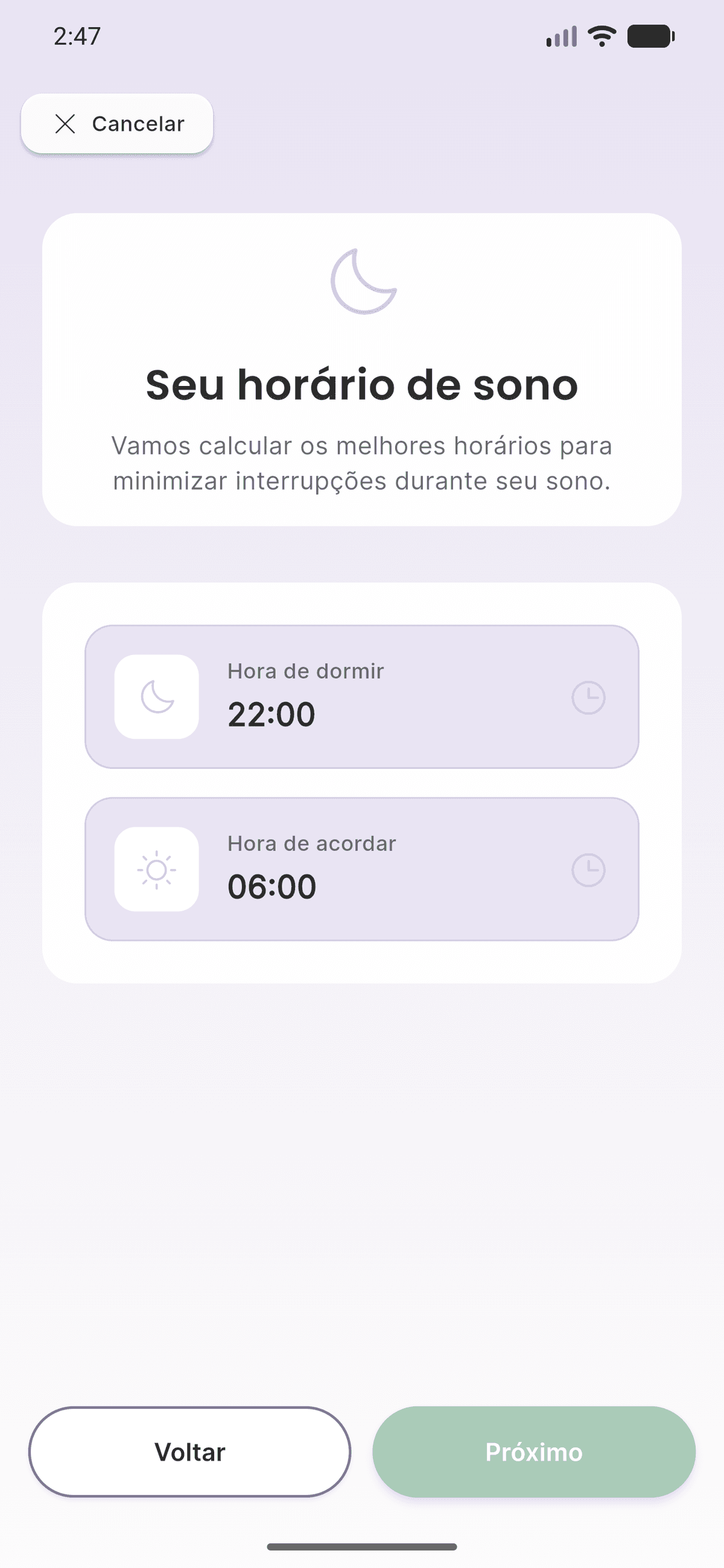 Assistente de medicamentos configurando horário de sono