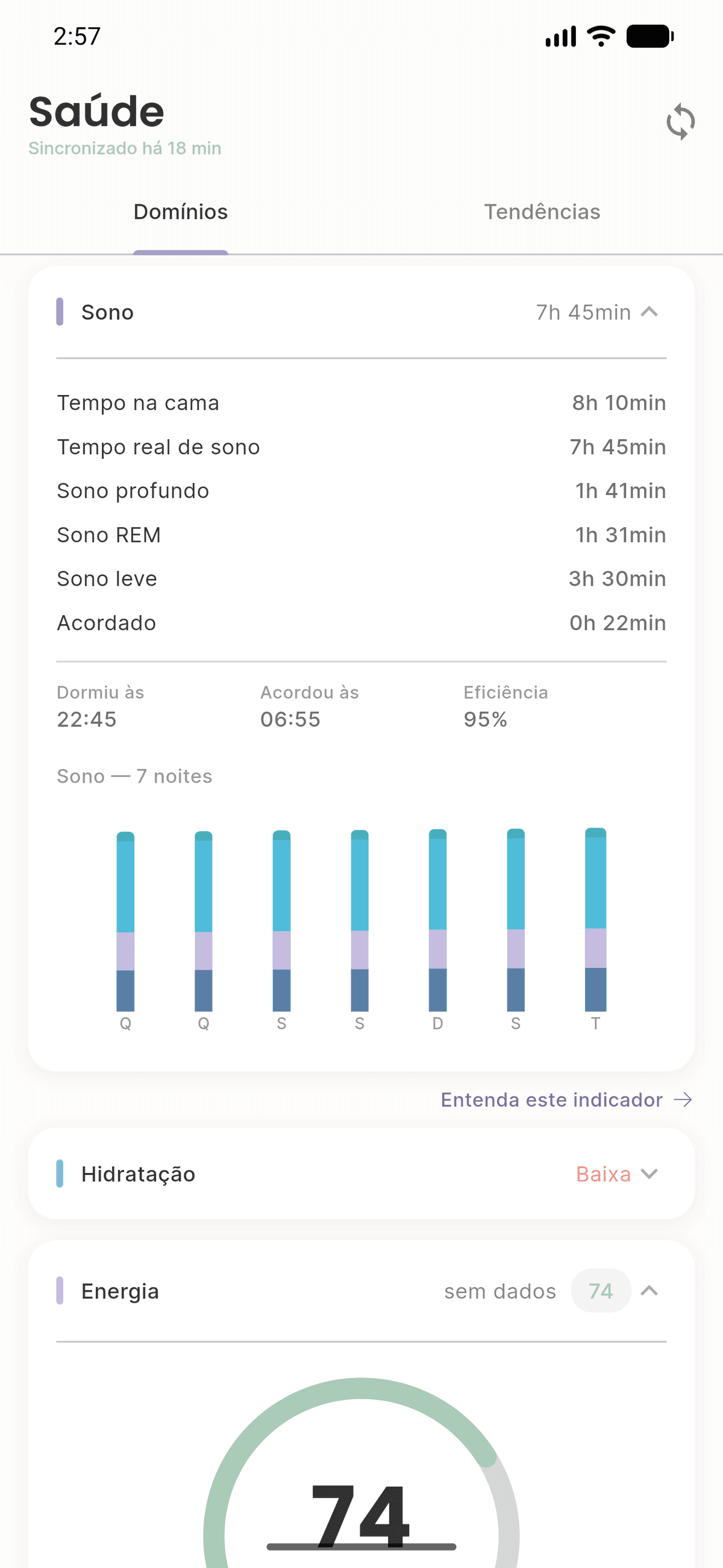 Tela Métricas de saúde do Levvi com score de energia e sono