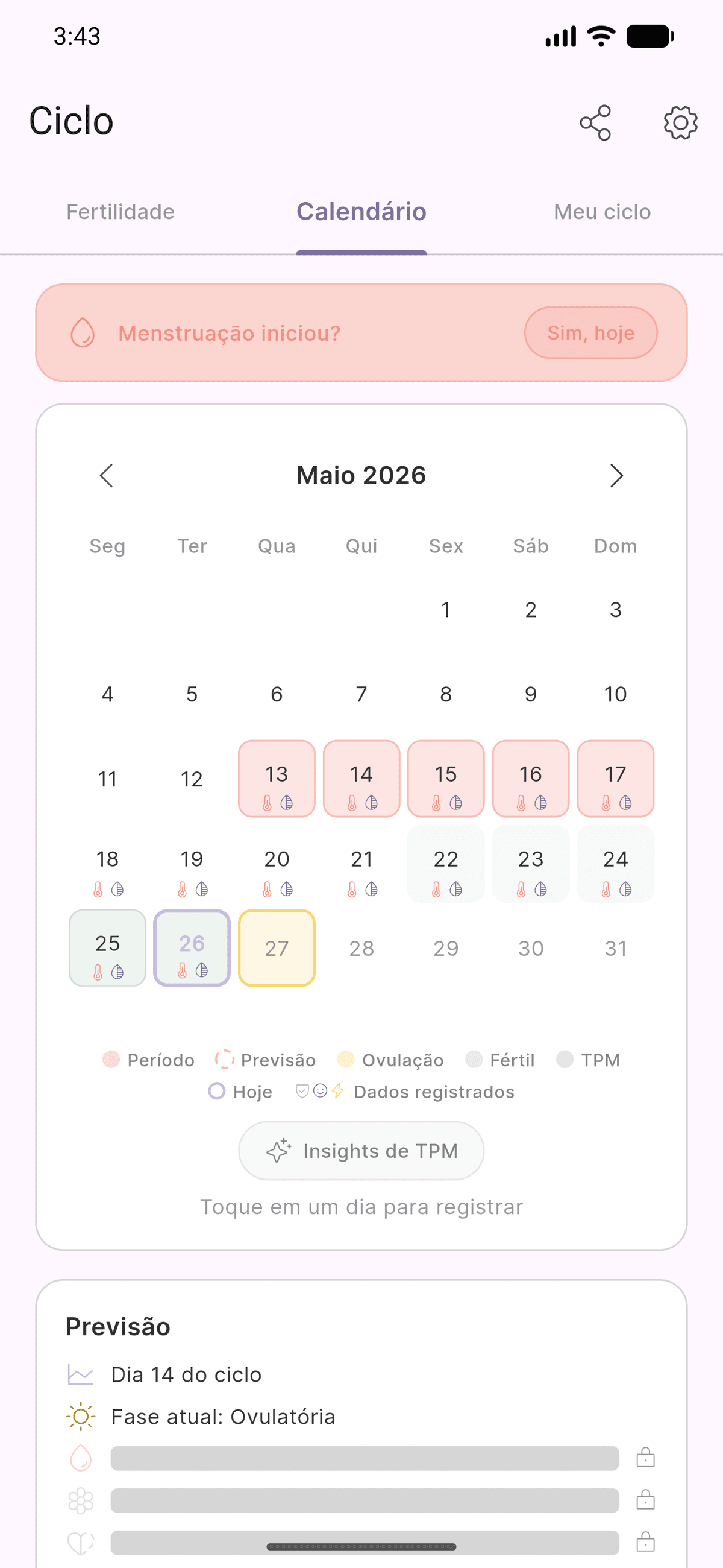 Calendário do Levvi no modo tentantes com janela fértil