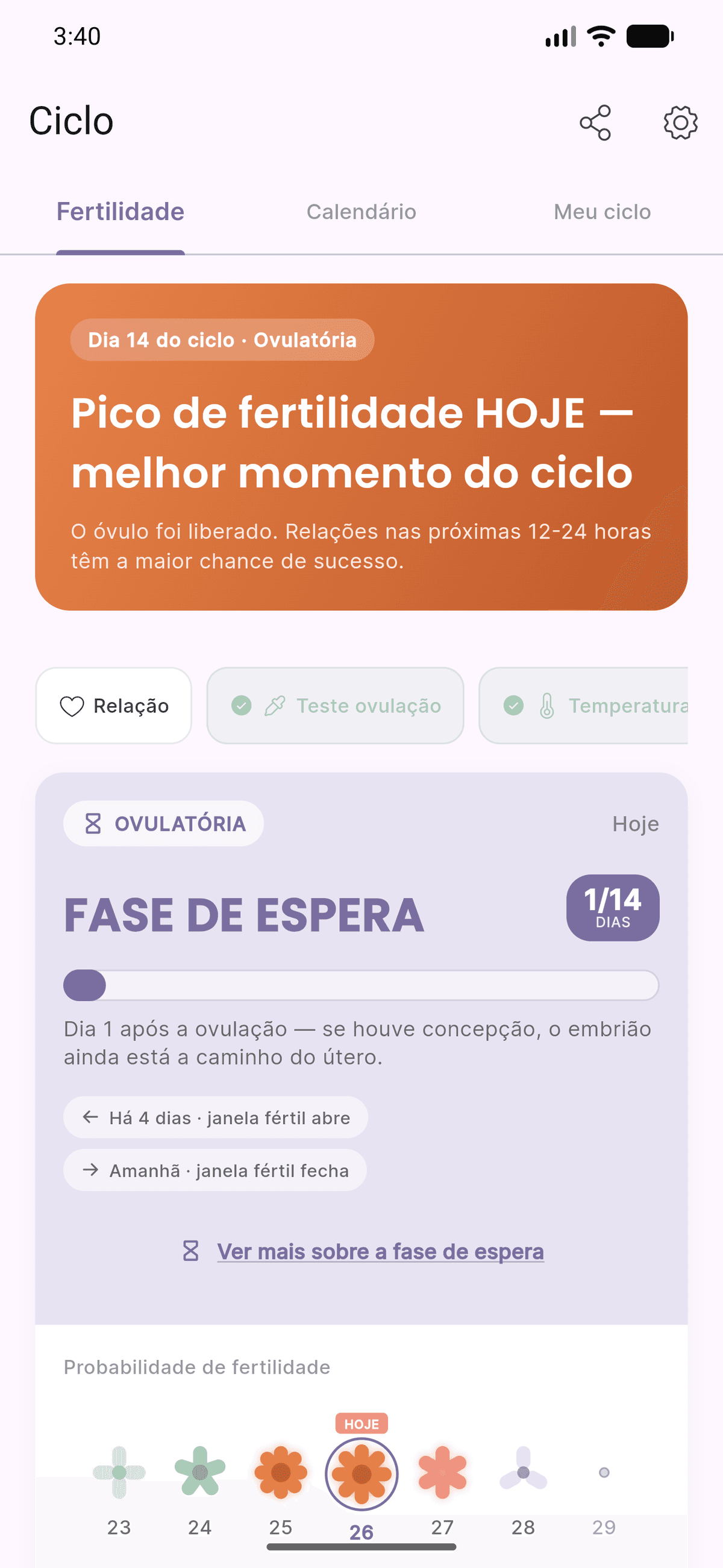 Tela Fertilidade do Levvi com missão do dia e janela fértil