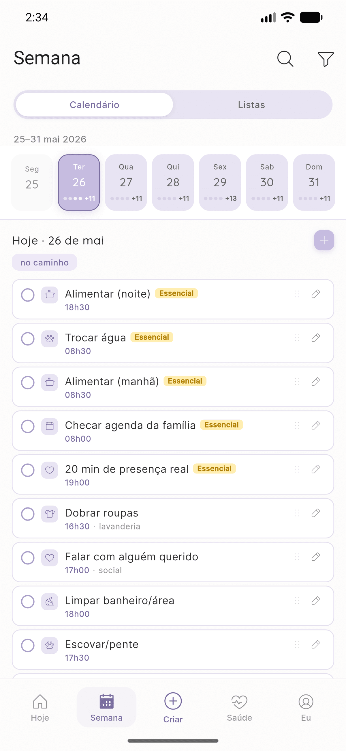 Tela Tarefas do Levvi com calendário semanal e rotinas