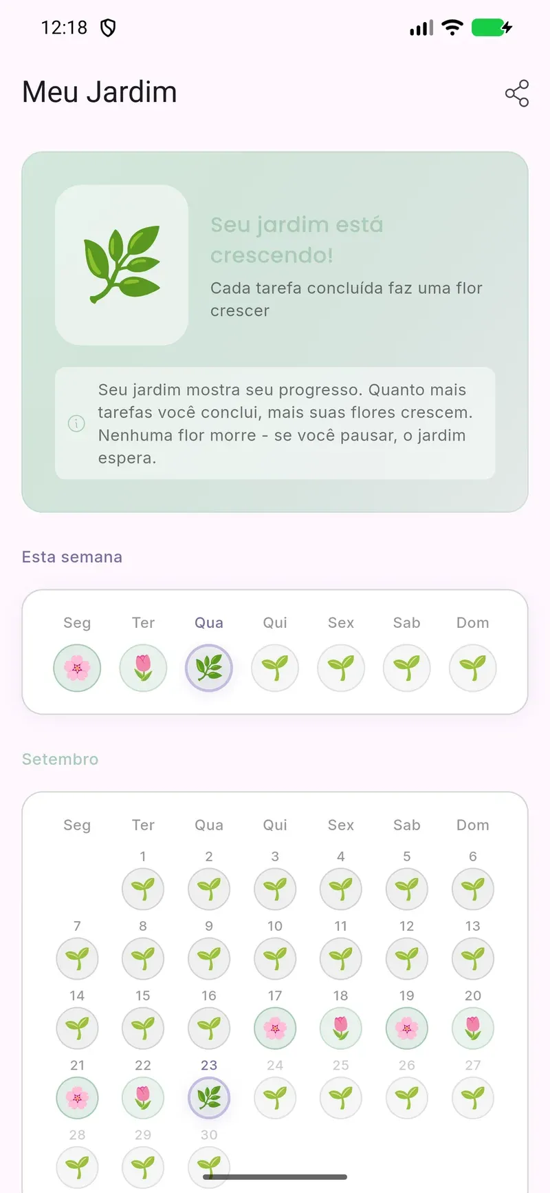 Levvi garden showing task progress / Meu Jardim do Levvi com progresso de tarefas
