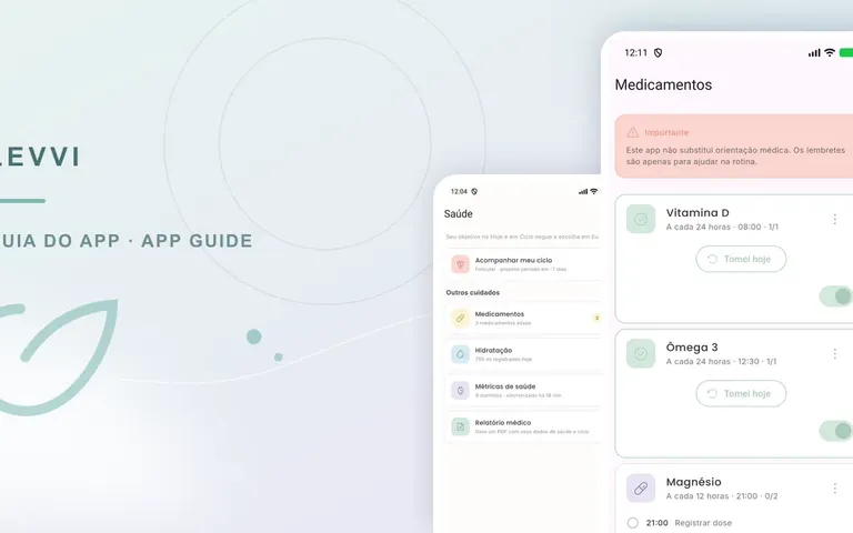 Real Levvi medication list and health menu / Lista de medicamentos e menu Saúde reais no Levvi