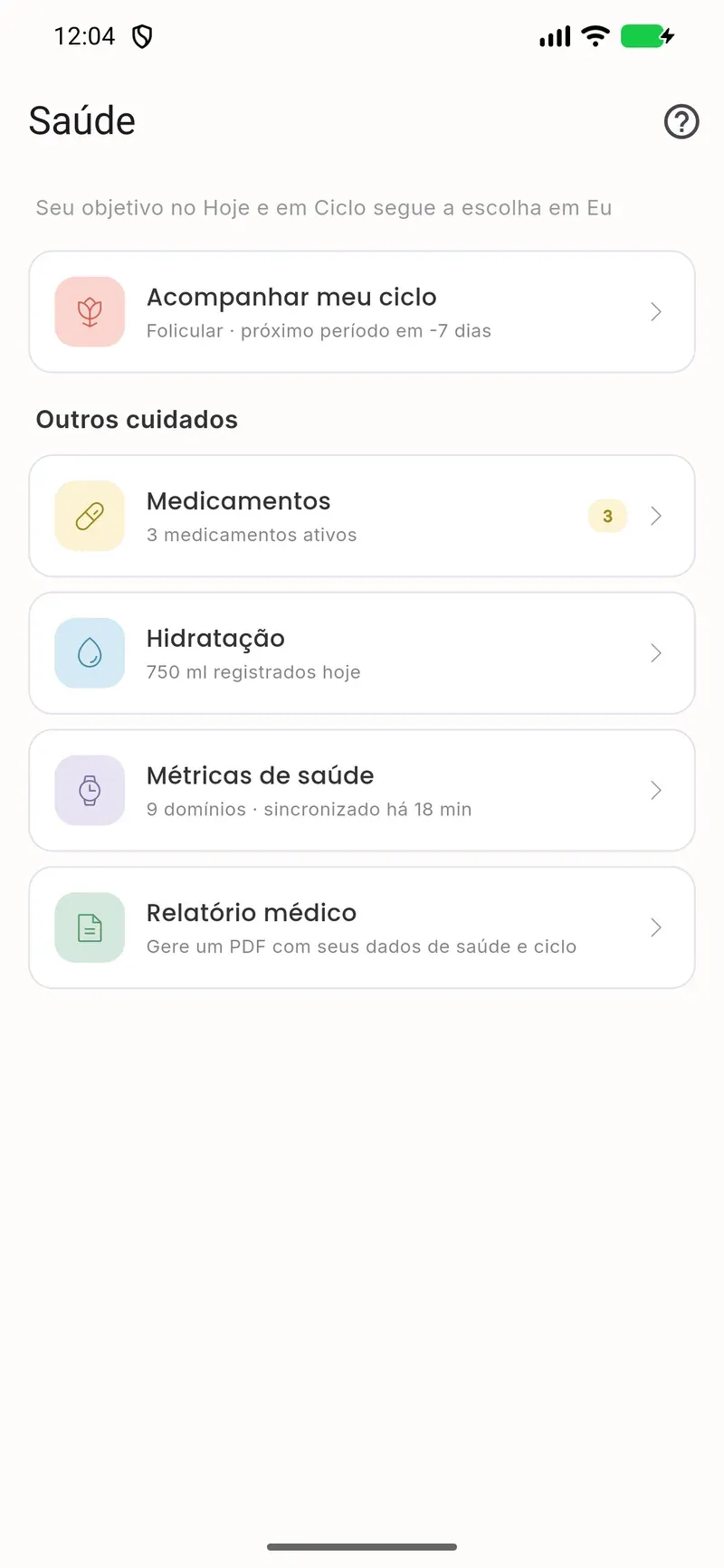 Levvi Health menu with Medications entry / Menu Saúde do Levvi com acesso a Medicamentos