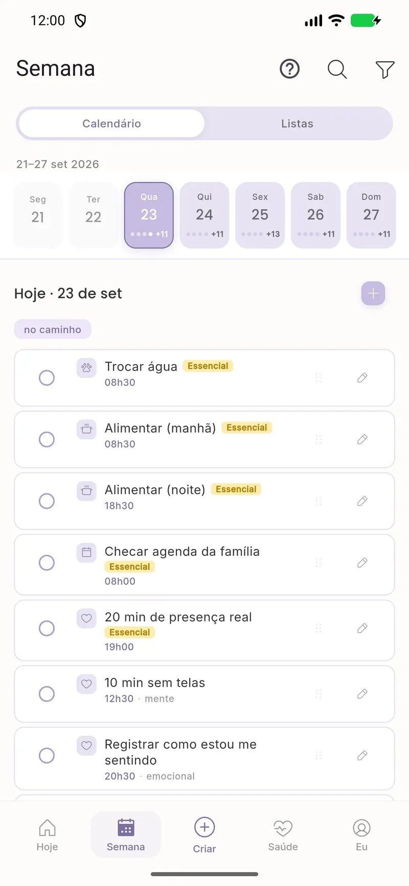 Levvi weekly task calendar / Calendário semanal de tarefas no Levvi