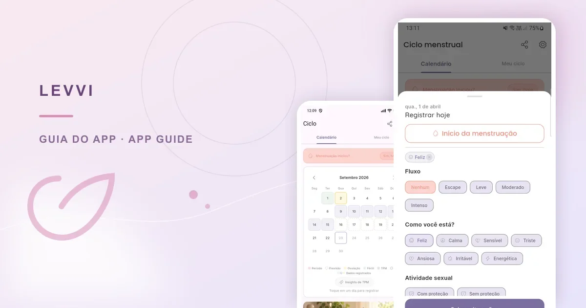 Real Levvi mood log and cycle calendar / Registro de humor e calendário do ciclo reais no Levvi