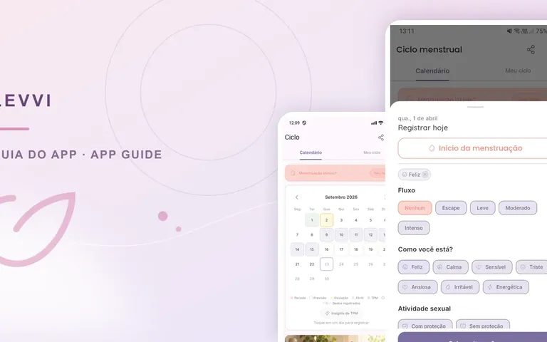 Real Levvi mood log and cycle calendar / Registro de humor e calendário do ciclo reais no Levvi