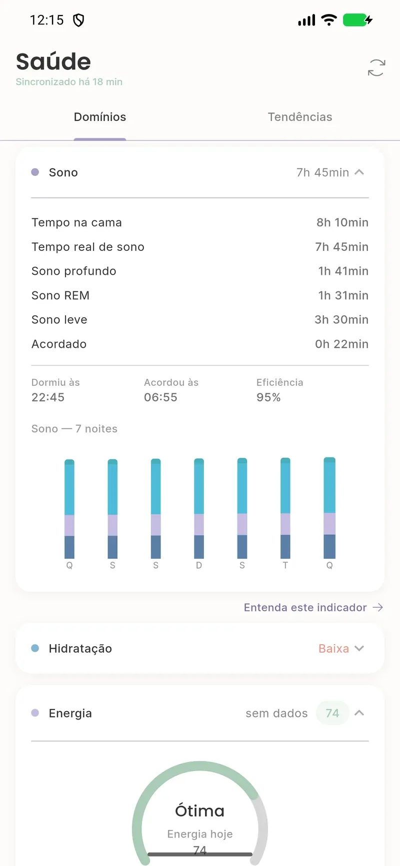 Levvi sleep dashboard with synced data / Painel de sono com dados sincronizados no Levvi